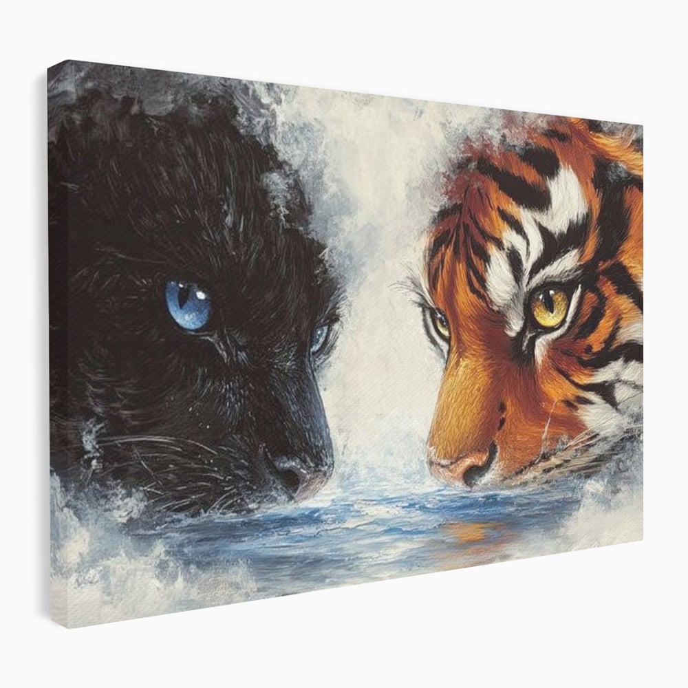 Tablou canvas cu tablou canvas cu pantera si tigru, fara rama, pe sasiu de lemn